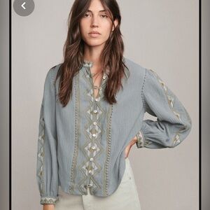 Wrap London Embroidered Linen Cotton Blouse, dusty blue, size 2